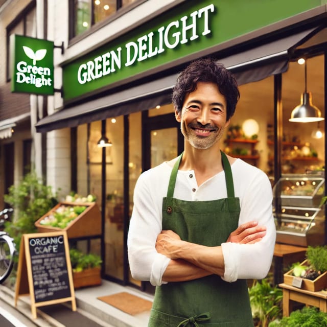 DALL·E-2024-10-04-09.48.41---A-middle-aged-man-named-Tanaka,-40-years-old,-standing-proudly-outside-his-organic-café,-Green-Delight,-located-in-a-vibrant-street-in-Yokohama,-Japan